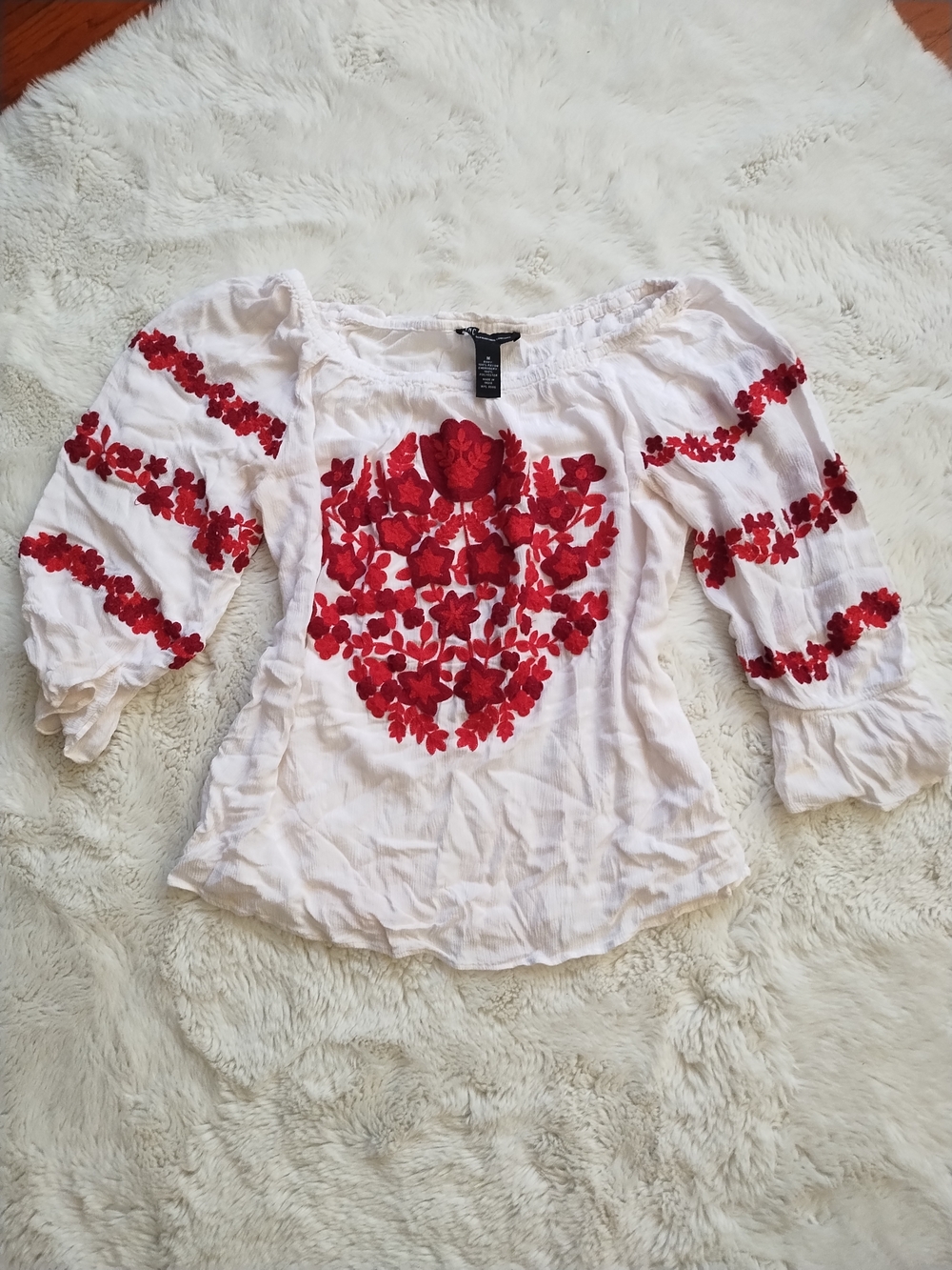 INC International Concepts White Off-Shoulder Blouse with Red Floral Embroidery